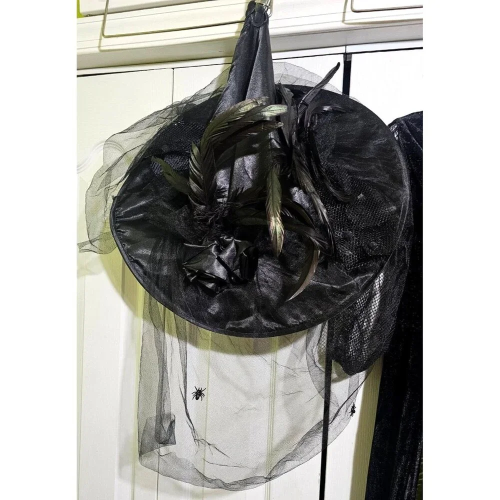 Goth Maiden Witch Costume Girl 4-6 Victorian Velvet Dress Feathered Deluxe Hat